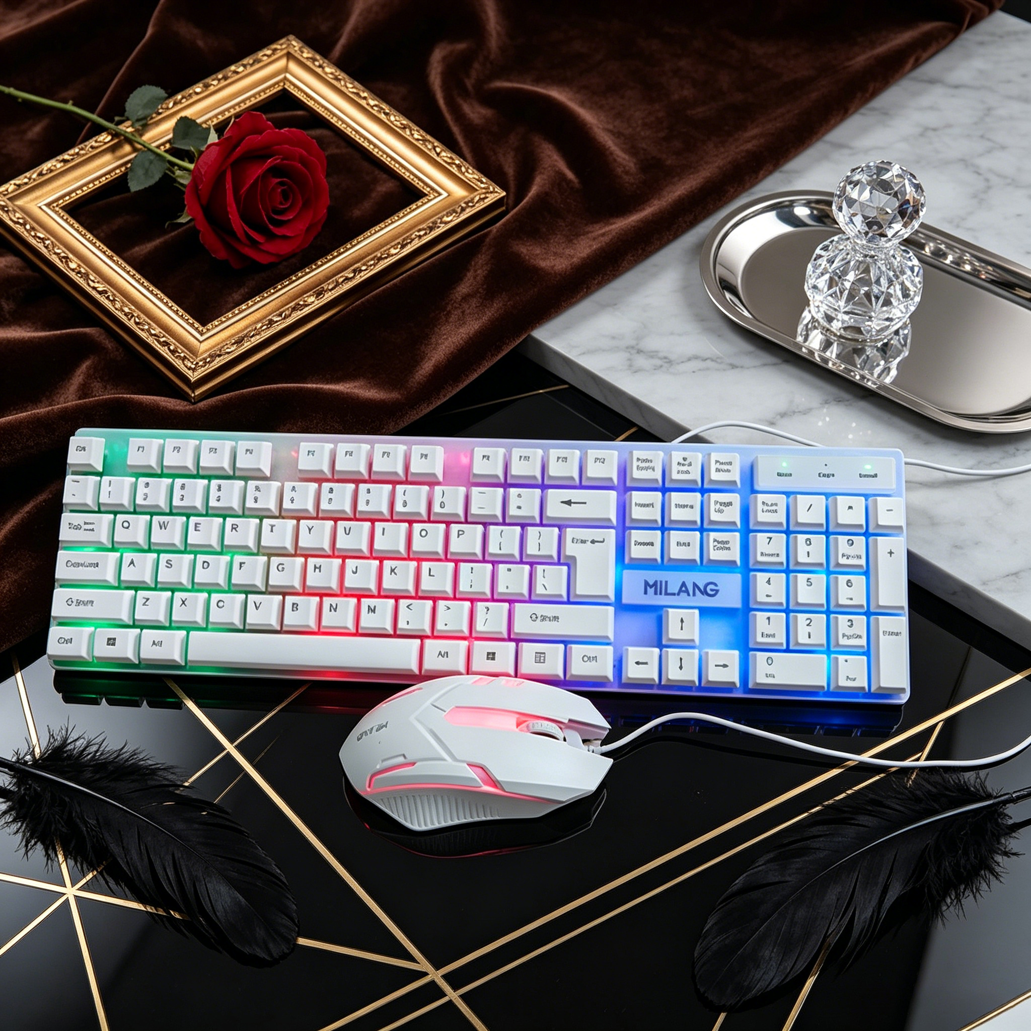 Desk Setup Ergonomic - Wired RGB Backlit Keyboard Mouse Set,Ergonomic
