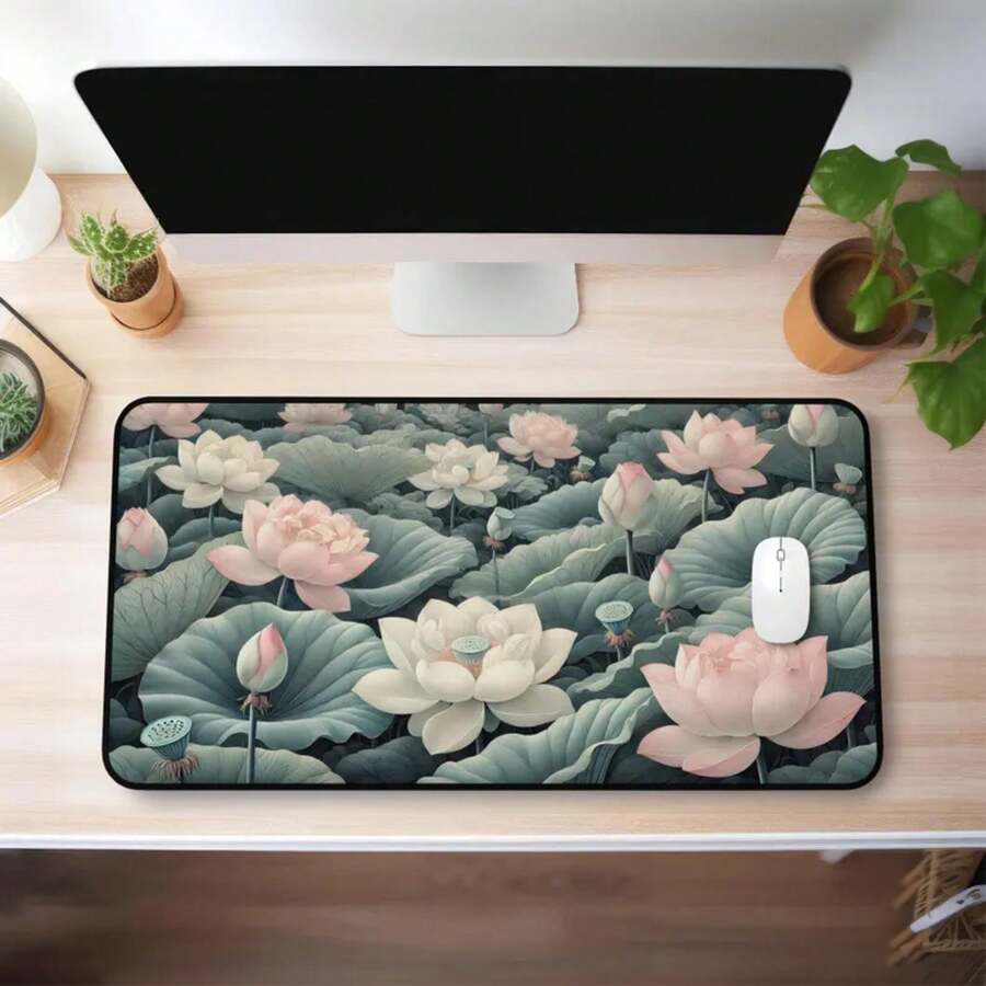 Desk Setup Nature - Large Lotus Flower Desk Mat Non-Slip