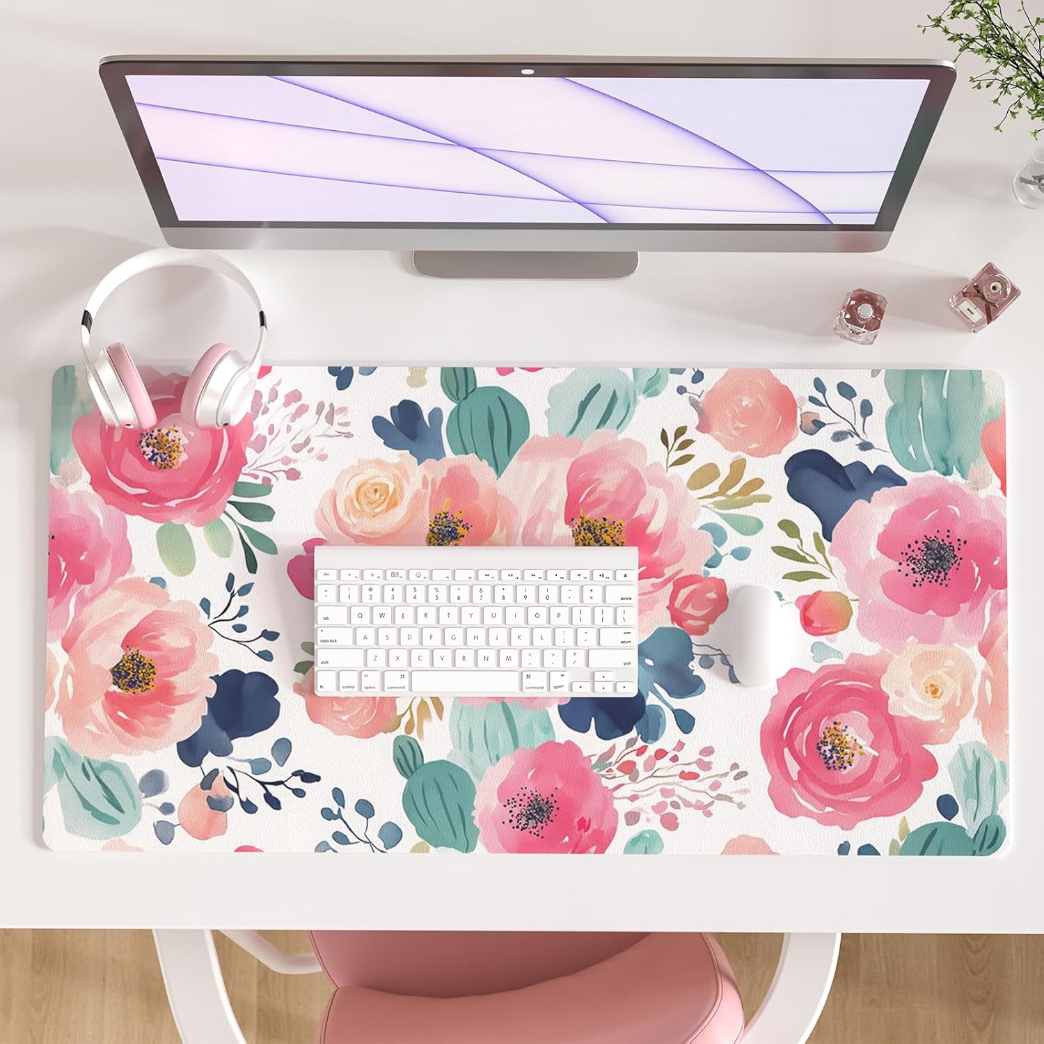 Desk Pad Leather Large - Large Mouse Pad Pink Floral Desk